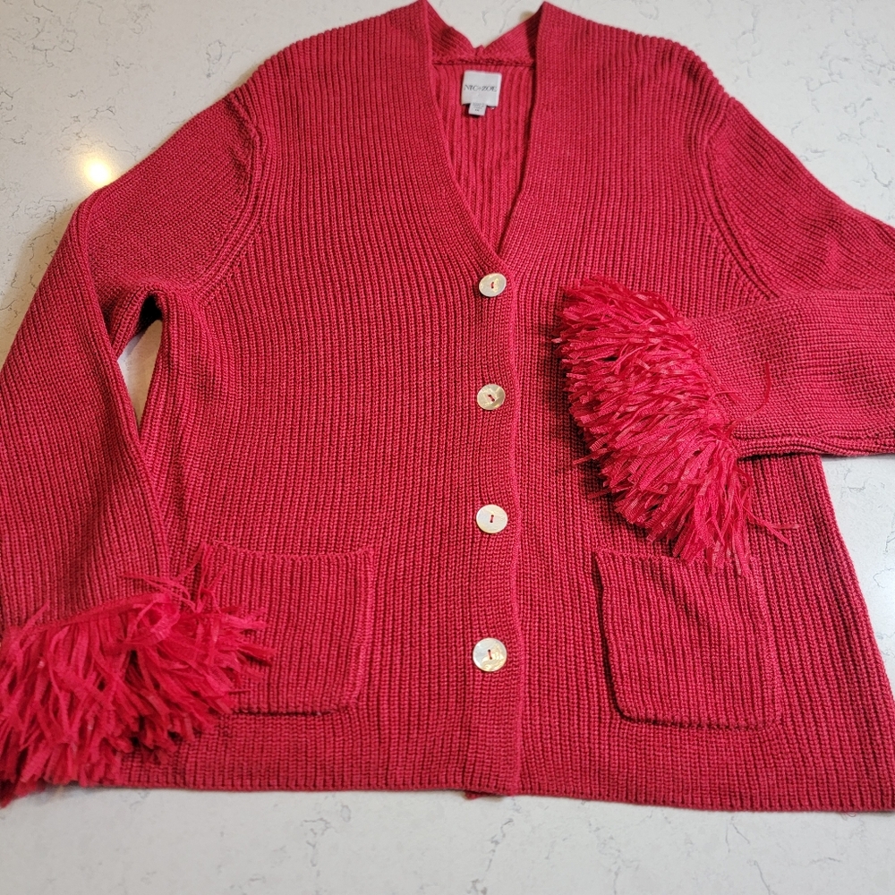 Nic+Zoe Deep Red Knit Cardigan M Tulle Fringe Cuffs Pearl Buttons Statement - Picture 3 of 13